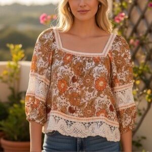 Rachel Zoe | Orange/Yellow Floral Lace Linen/Rayon Boho Peasant Blouse Sz Medium